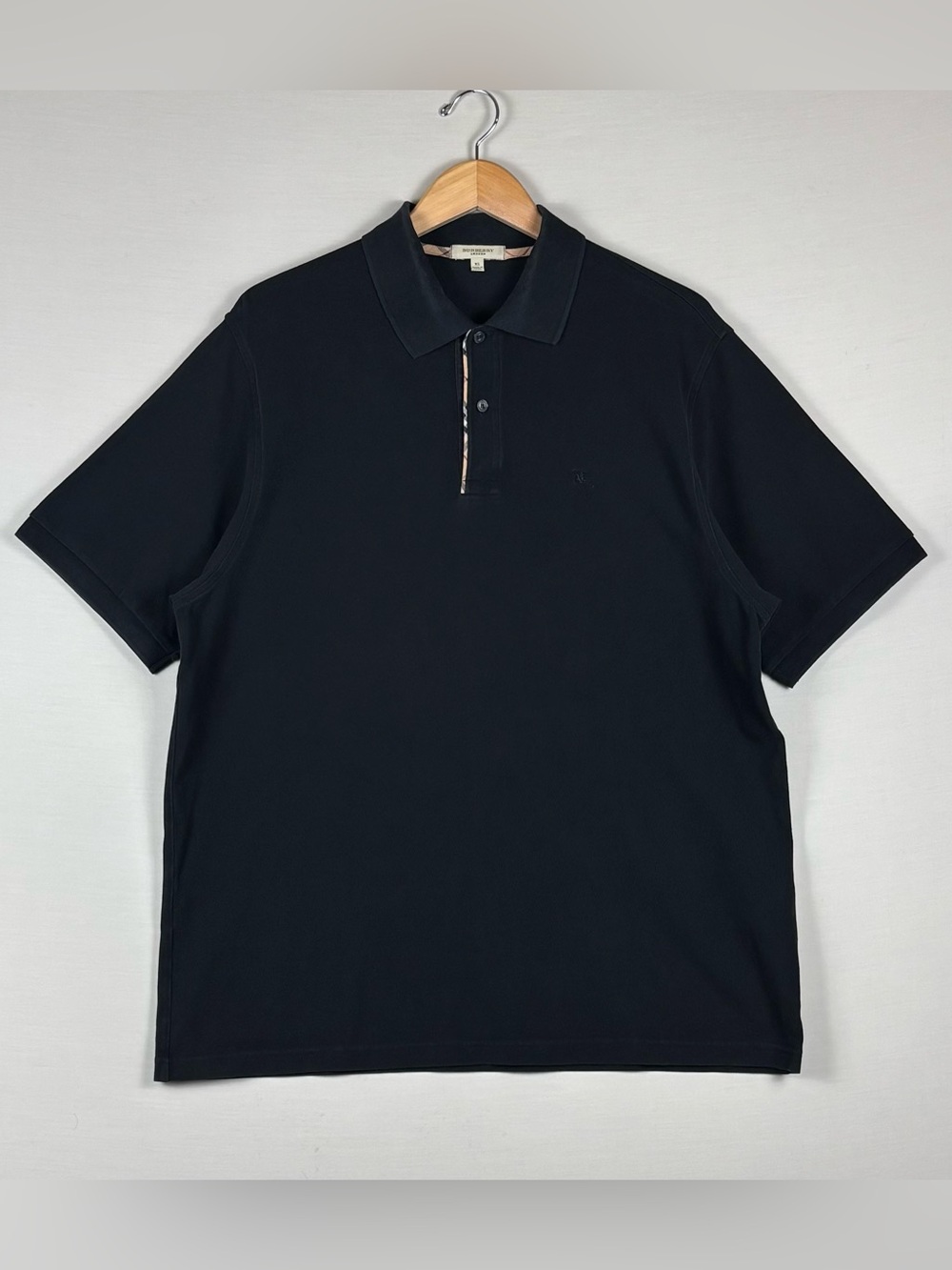 Burberry London XL Black Cotton Polo Shirt Nova Check Trim Embroidered Logo